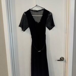 Zara Black Sheer Dot Maxi Dress with V-Neck
